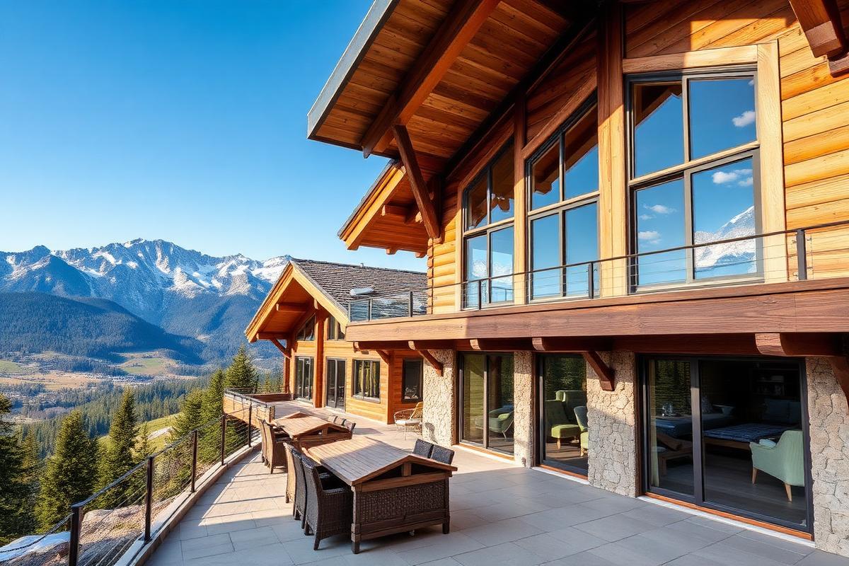 Modern alpenchalet onder een blauwe lucht