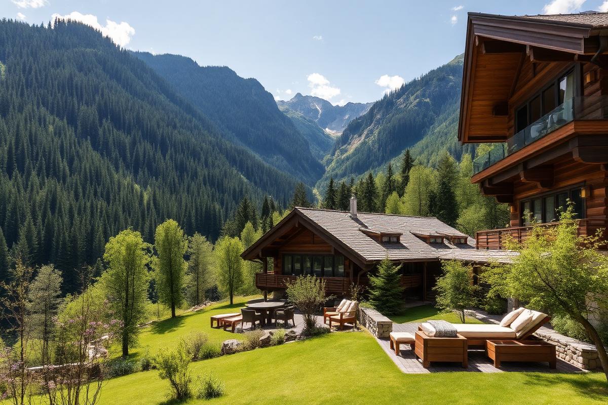Chalet in een groene alpenvallei in de zomer
