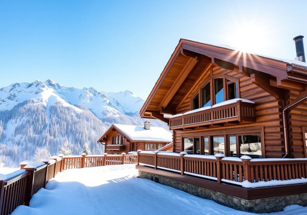 Chalet in de sneeuw met uitzicht op de bergen