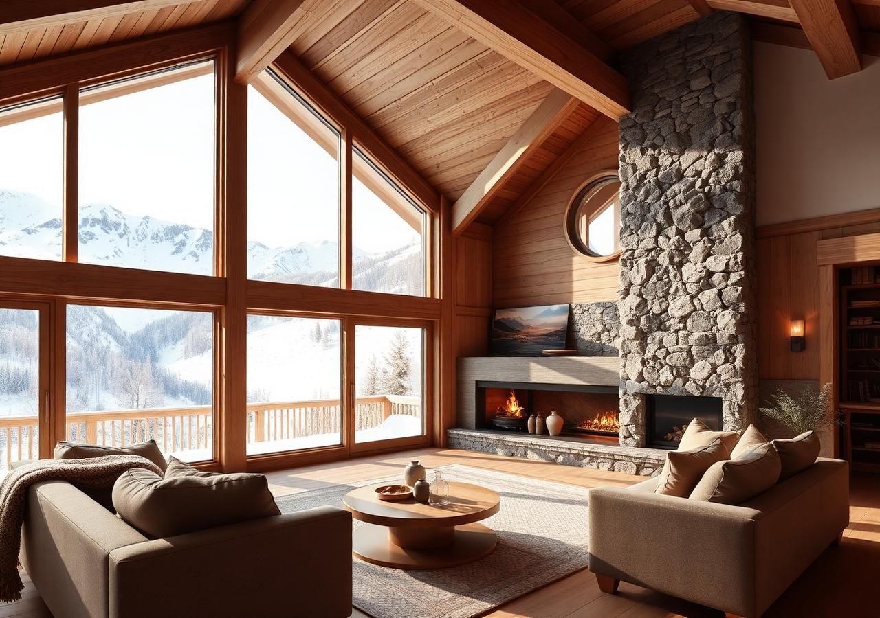 Salon van een chalet met panoramisch uitzicht